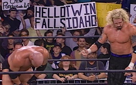 Goldberg and Diamond Dallas Page after their main event, which Goldberg won to improve his unbeaten streak to 155-0. But the main reason for this photo? The shoutout to the 208 right behind them. I see you, Twin Falls!