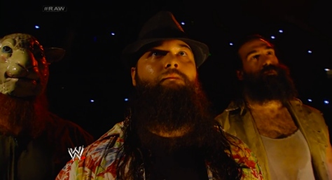 The Wyatt Family during RAW on April 14. Bray Wyatt accepted John Cena's challenge for a steel cage match at Extreme Rules, which Wyatt won.